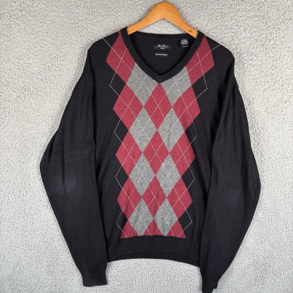 Alan Flusser Golf Sweater Mens Large Black Argyle Silk Rayon‎ Cashmere Blend